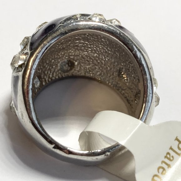 Vintage Purple Enamel Cocktail Ring Silver Plated Crystal Rhinestone Size 6 Boho - Picture 10 of 12